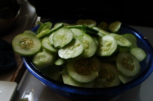 Four pounds of sliced cucumbers.